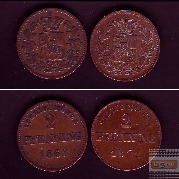 Lot: Bayern 2x Kleinmünzen 2 Pfennig  ss  [1868-1871]