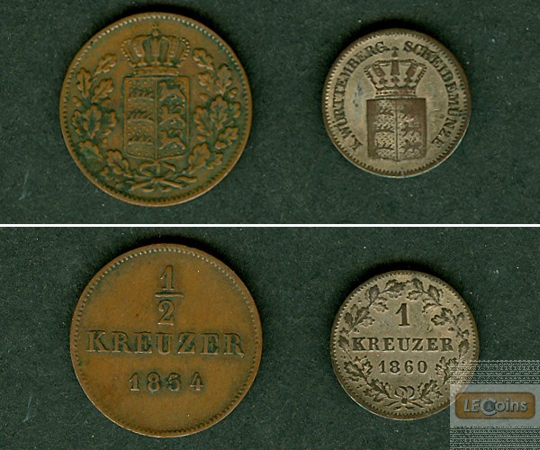 Lot: Württemberg 2x Kleinmünzen  1/2 + 1 Kreuzer  ss+  [1854-1860]