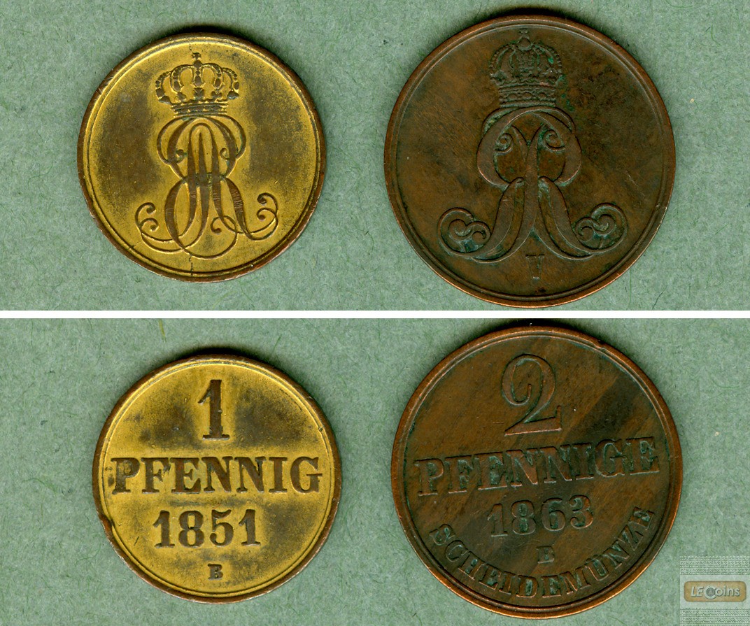 Lot: Hannover 2x  1 + 2 Pfennige  ss-vz  [1851-1863]