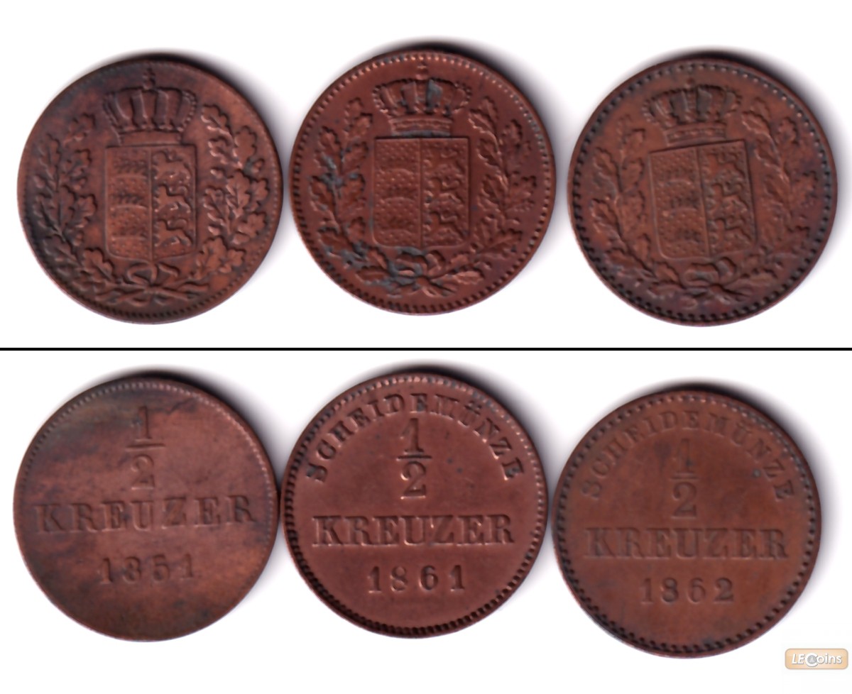 Lot: Württemberg 3x Kleinmünzen 1/2 Kreuzer  ss  [1851-1862]