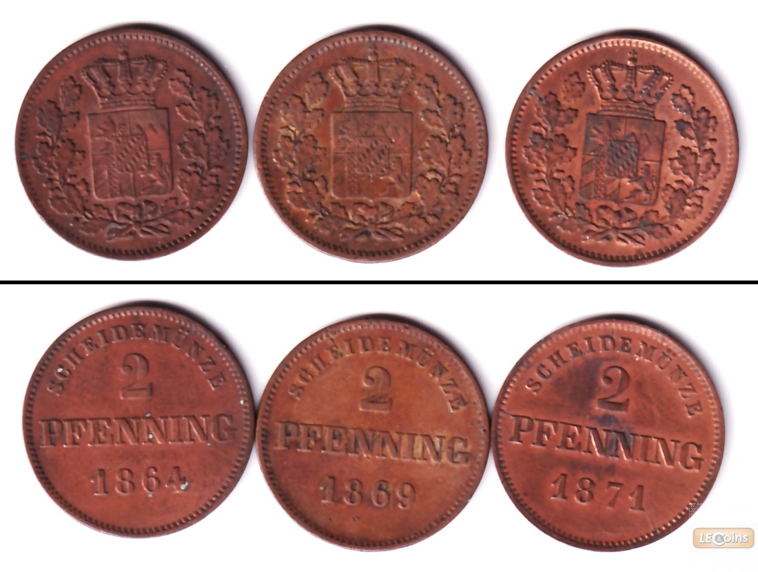 Lot: Bayern 3x Kleinmünzen 2 Pfennig  ss-vz  [1864-1871]