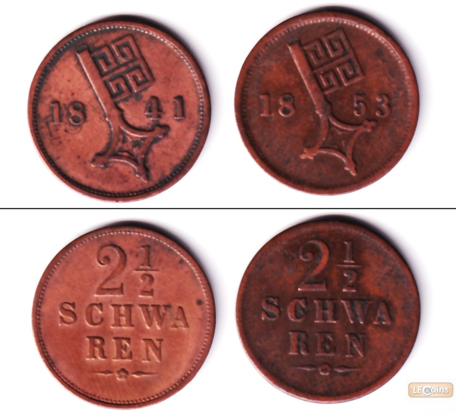 Lot: Bremen 2x Kleinmünzen 2 1/2 Schwaren  ss  [1841-1853]