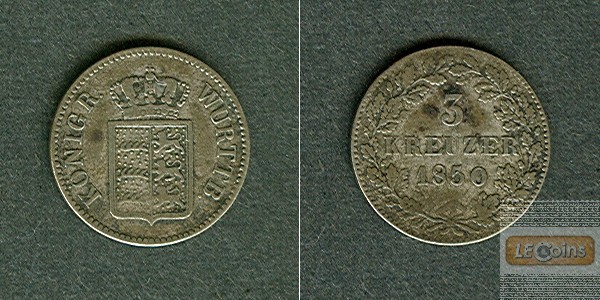 Württemberg 3 Kreuzer 1850  ss
