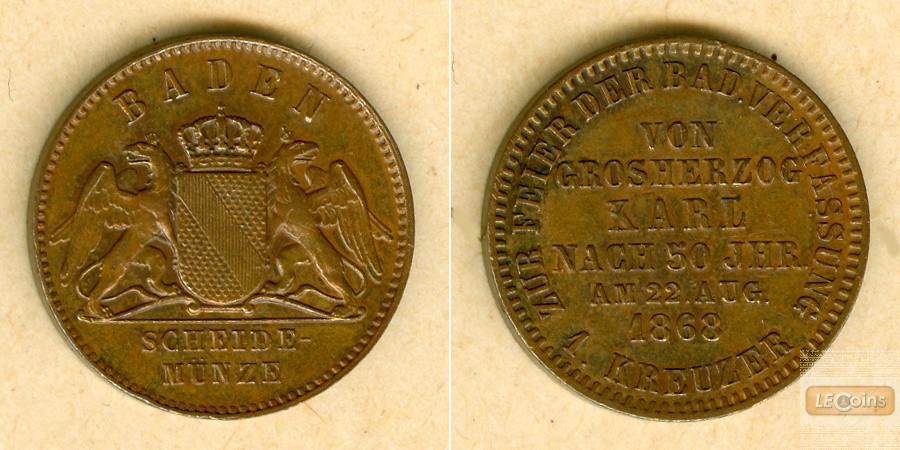 Baden 1 Kreuzer 1868  Verfassungsfeier  f.vz