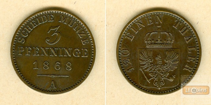 Preussen 3 Pfenninge 1868 A  vz-stgl.