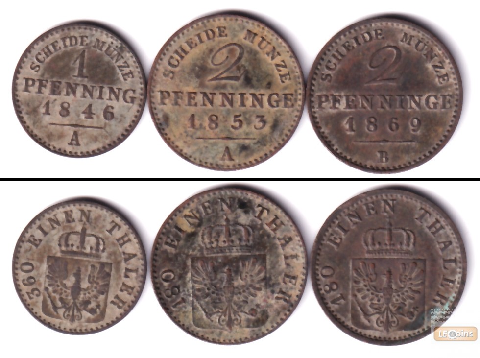 Lot: Preussen 3x 1+2 Pfennige  ss-vz  [1846-1869]