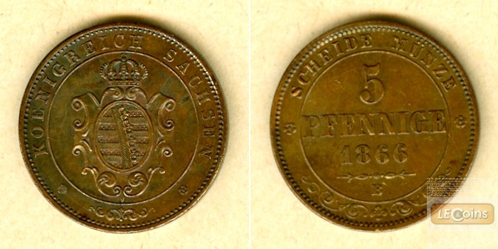 Sachsen 5 Pfennige 1866 B  vz  selten!