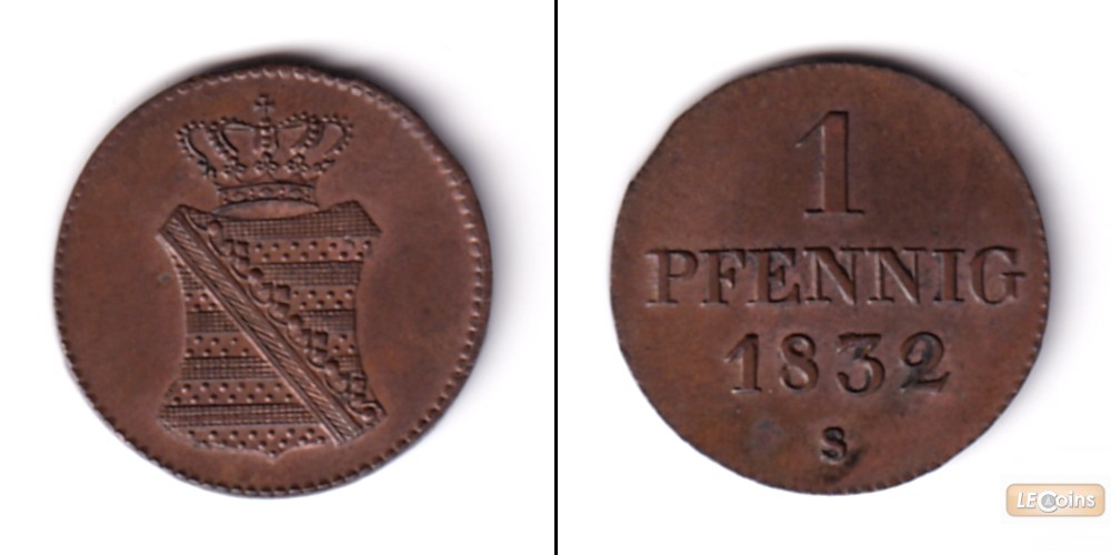 Sachsen 1 Pfennig 1832 S  vz-st  selten!