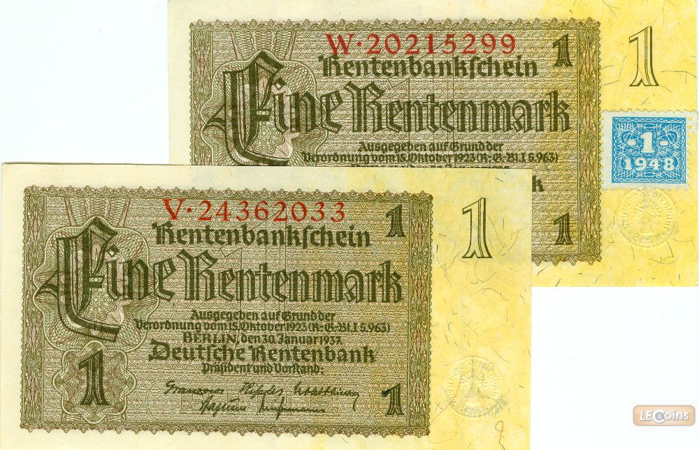 Lot:  DDR 2x Banknote  1 MARK 1948 ohne/mit Kupon  I-II