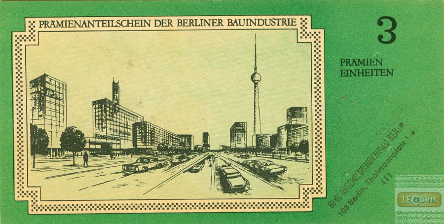 DDR: PRÄMIENSCHEIN Berliner Bauindustrie  3 Prämieneinheiten  I-