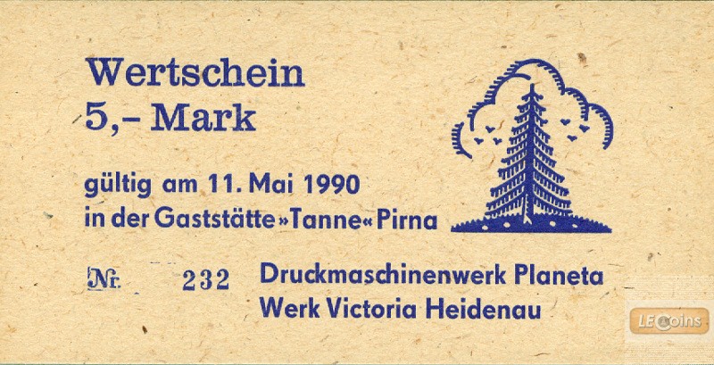 DDR: Gaststätte TANNE Pirna Wertschein 5 Mark 1990  I