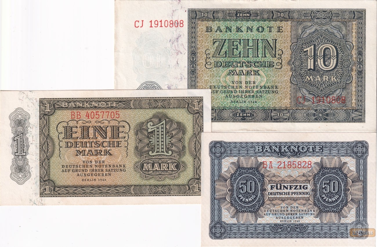 Lot:  DDR 3x Banknote  50 Pf., 1 + 10 DEUTSCHE MARK 1948  I-II