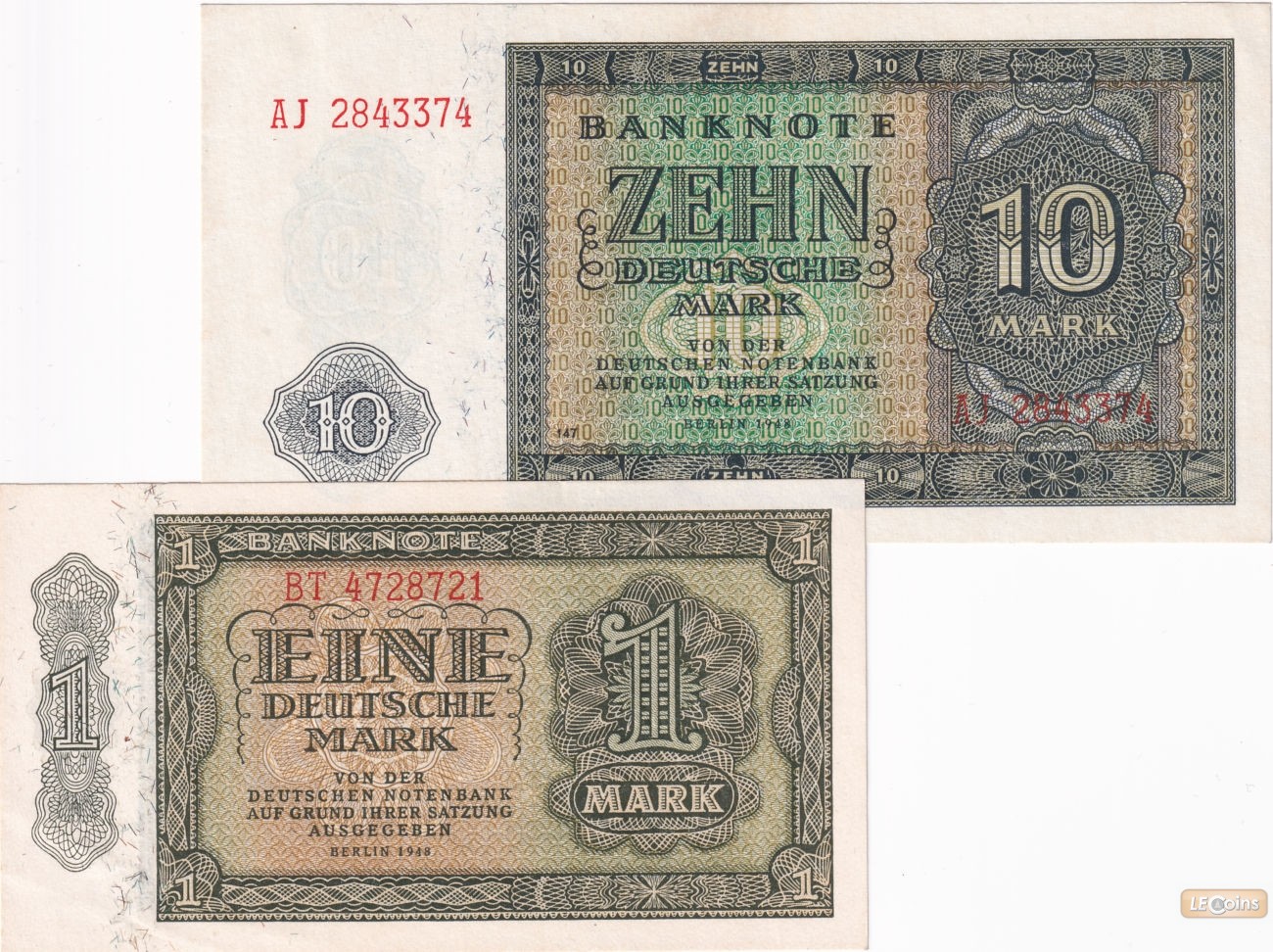 Lot:  DDR 2x Banknote  1 + 10 DEUTSCHE MARK 1948  I-