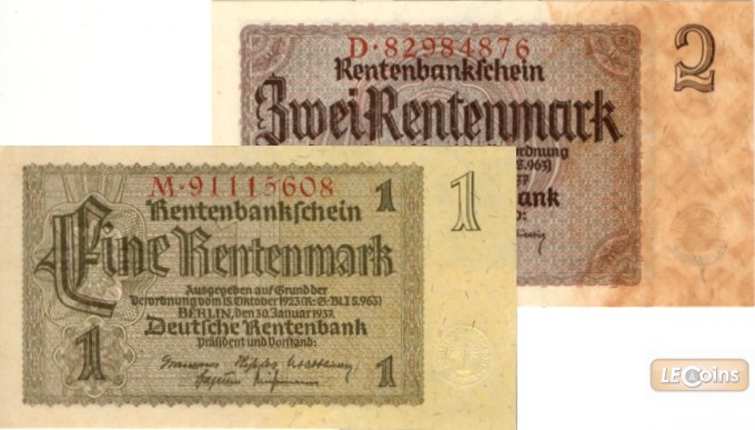 Lot: Deutsche Rentenbank 2x  1 + 2 RENTENMARK 1937  I-