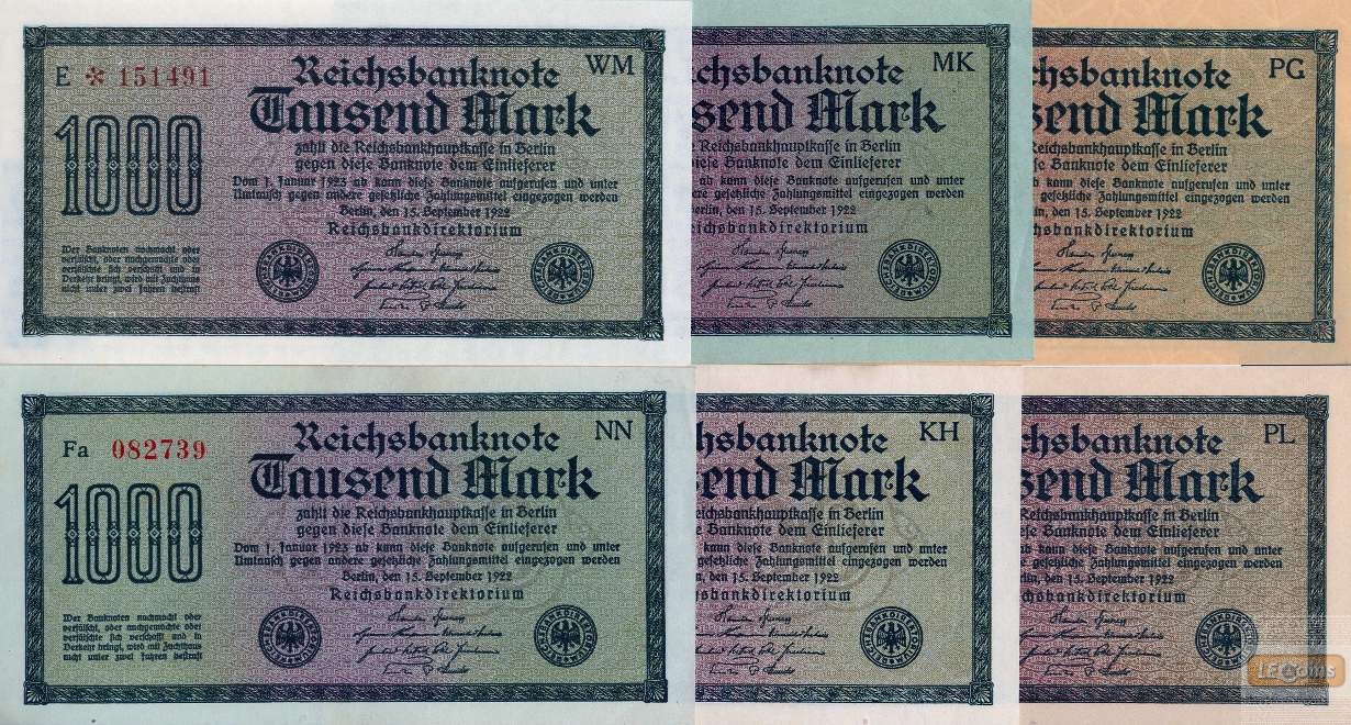 Lot: Deutsche Reichsbank 6x  1000 Mark  Ro.75  1922