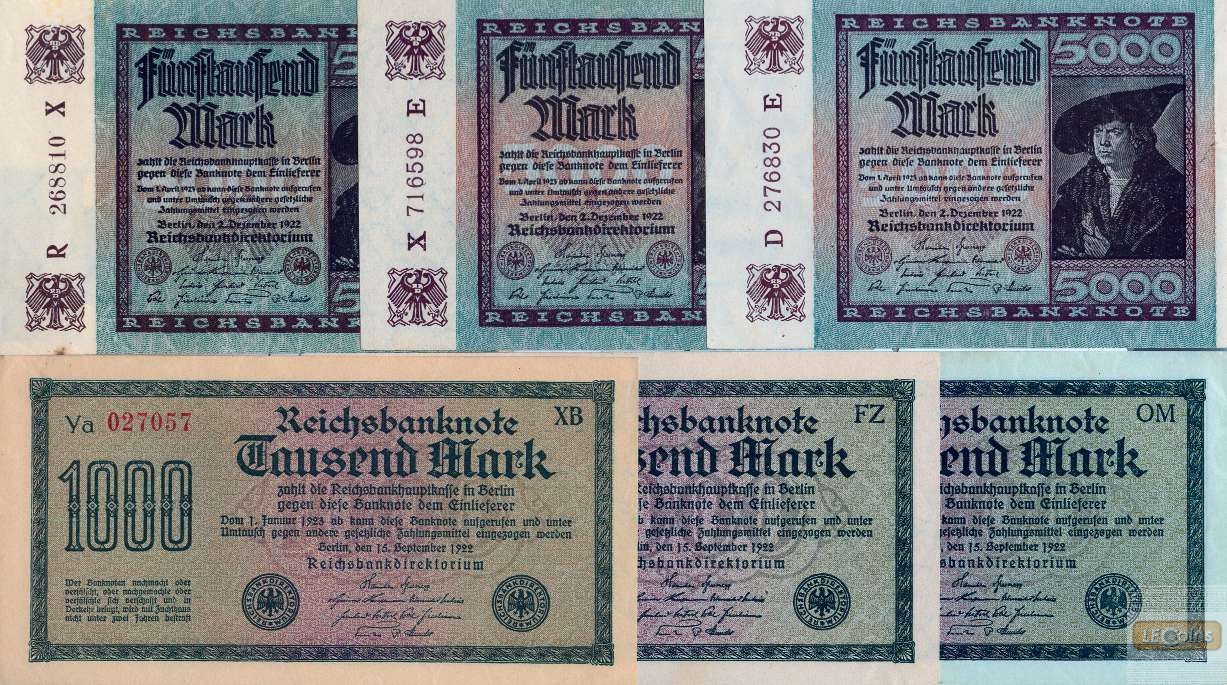 Lot: Deutsche Reichsbank 6x  1000 + 5000 Mark 1922