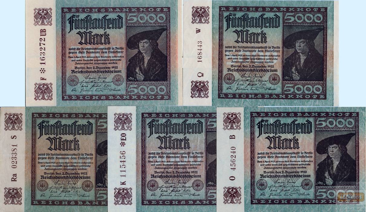 Lot: Deutsche Reichsbank 5x  Ro.80  5000 Mark 1922