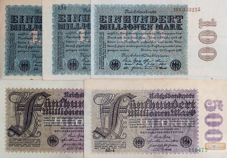 Lot: Deutsche Reichsbank 5x  Inflation  II+  1923