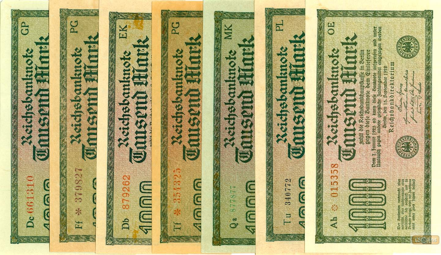 Lot: Deutsche Reichsbank 7x  1000 Mark  Ro.75  1922