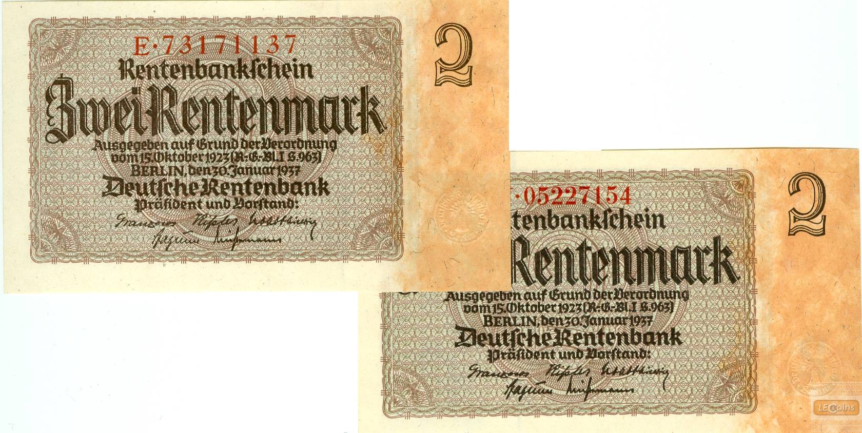 Lot: Deutsche Rentenbank 2x  2 Rentenmark  I-  1937