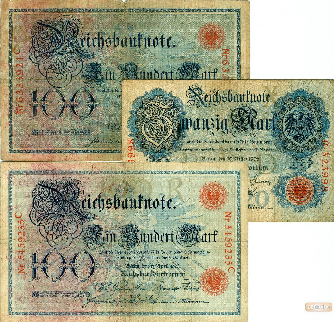 Lot: Deutsche Reichsbank 3x Banknote 20 + 100 Mark  III-IV  [1903-1906]