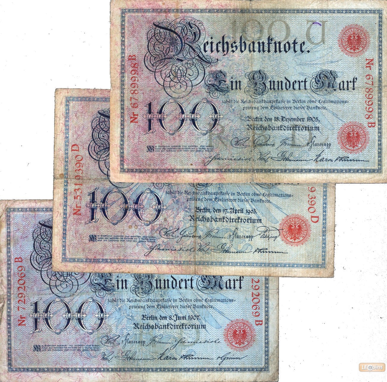 Lot: Deutsche Reichsbank 3x Banknote 100 Mark  III-IV  [1903-1907]