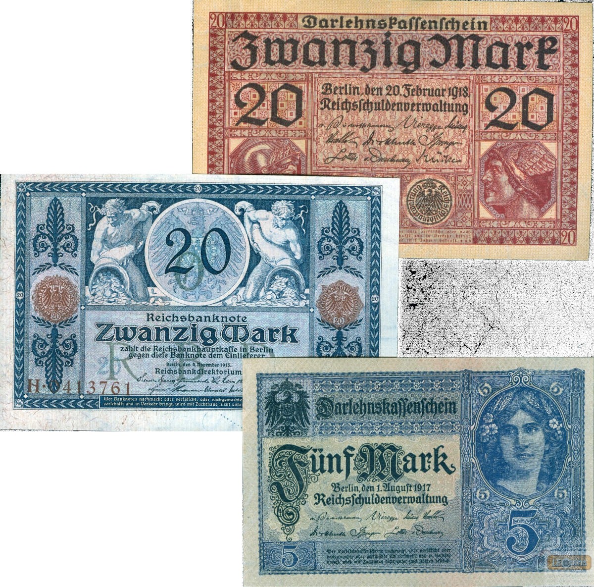 Lot: Deutsche Reichsbank 3x Banknote 5 + 20 Mark  I-  [1915-1918]