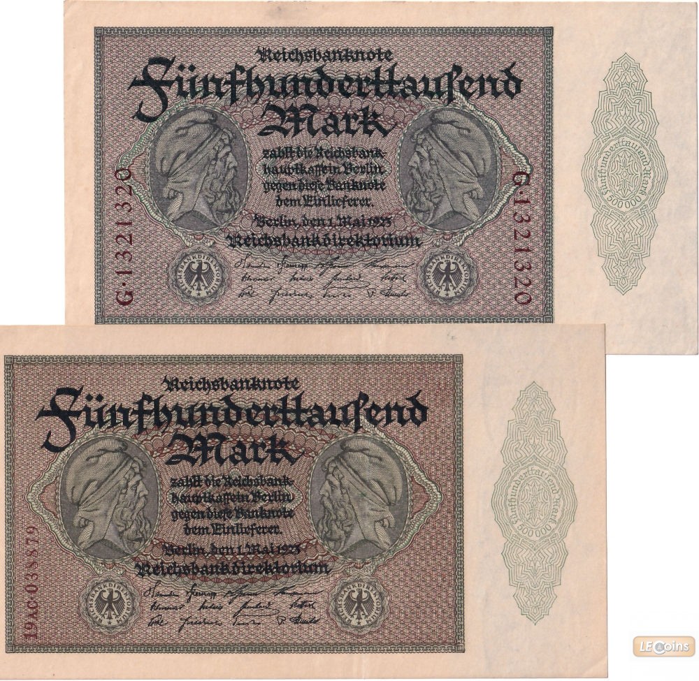 Lot: Deutsche Reichsbank 2x Banknote 500.000 Mark 1923  Ro.87  II+