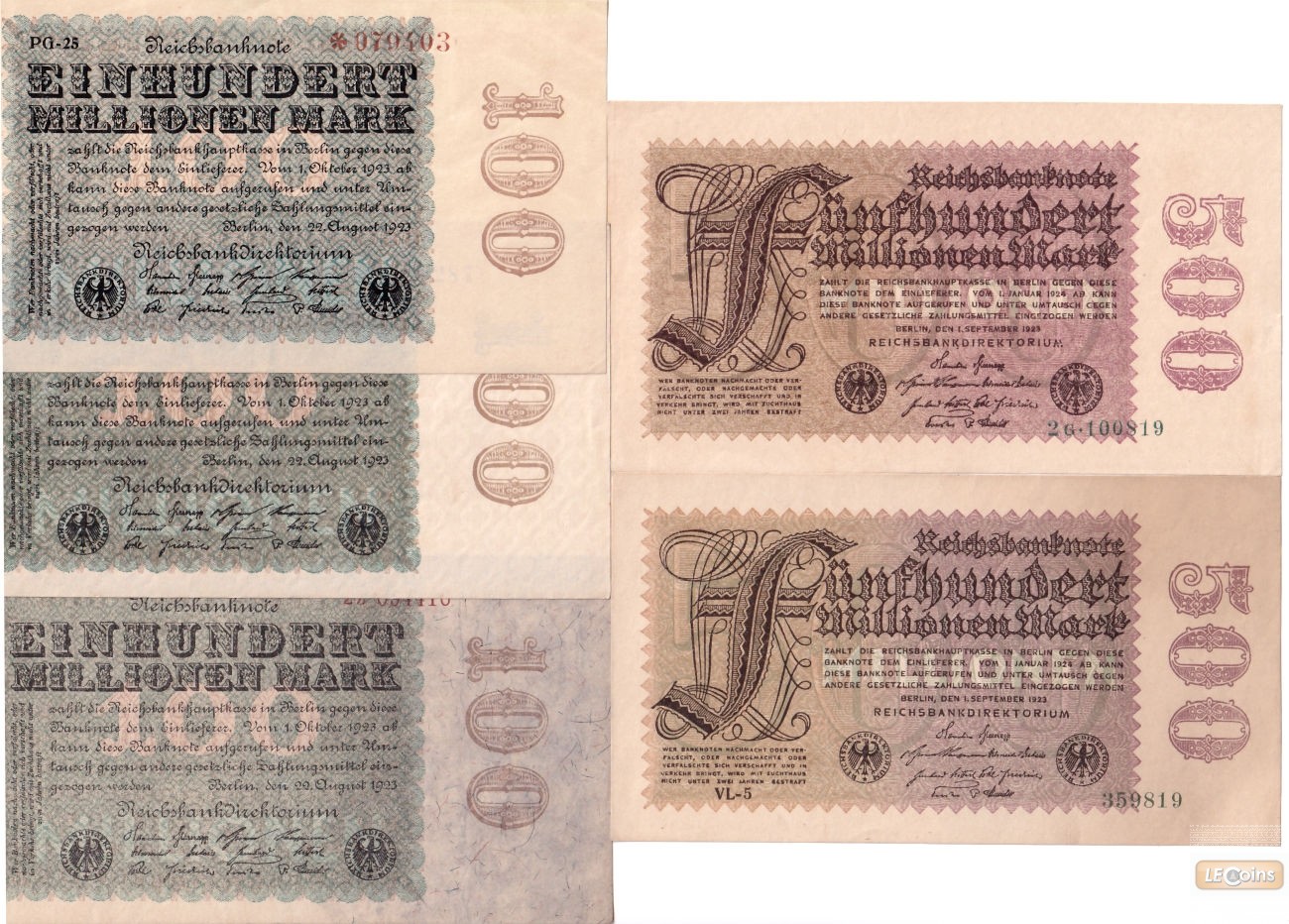 Lot: Deutsche Reichsbank 5x Banknote Inflation 1923  I-II