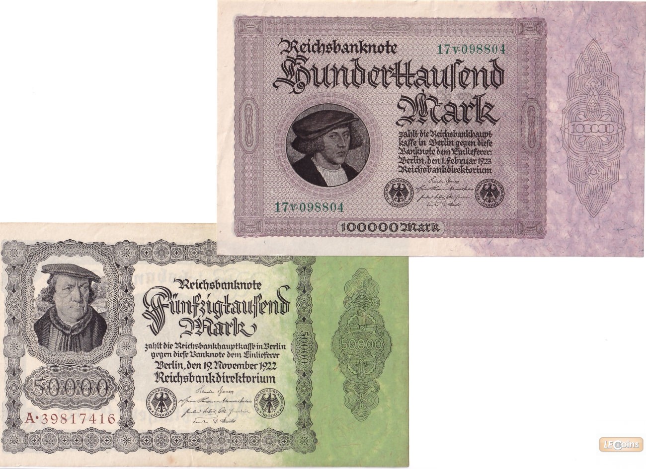 Lot: Deutsche Reichsbank 2x Banknote 50000 + 100000 Mark  II+  [1922-1923]
