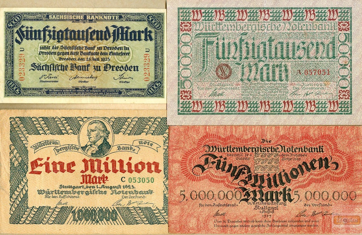 Lot: 4x SACHSEN + WÜRTTEMBERG Inflation  1923  III+