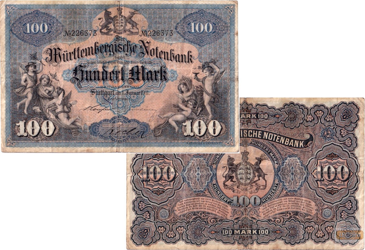 WÜRTTEMBERG 100 MARK 1911  WTB10a  III