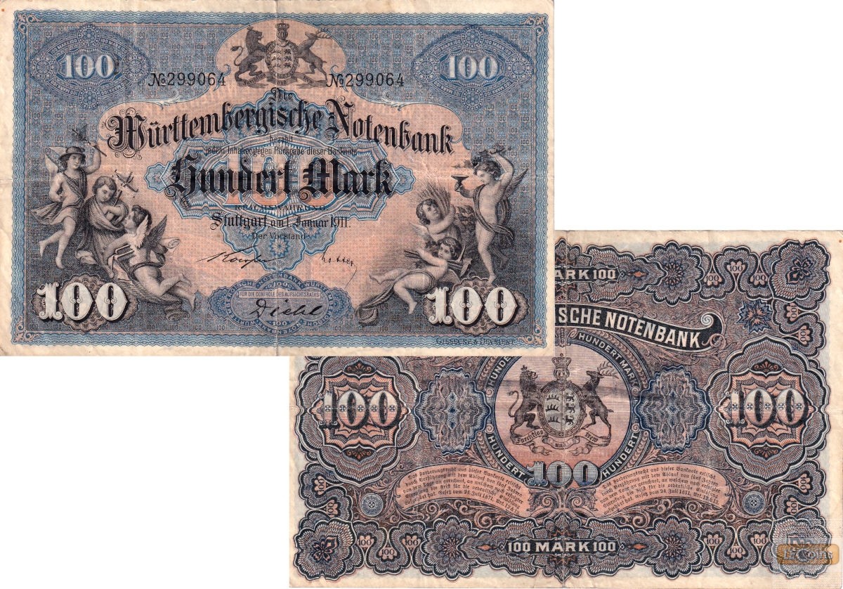 WÜRTTEMBERG 100 MARK 1911  WTB10b  III