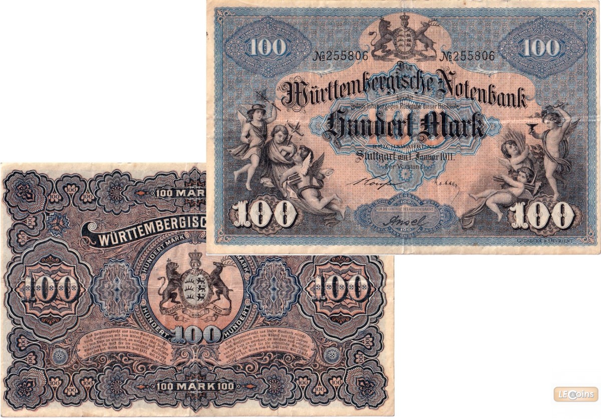 WÜRTTEMBERG 100 MARK 1911  WTB10b  III