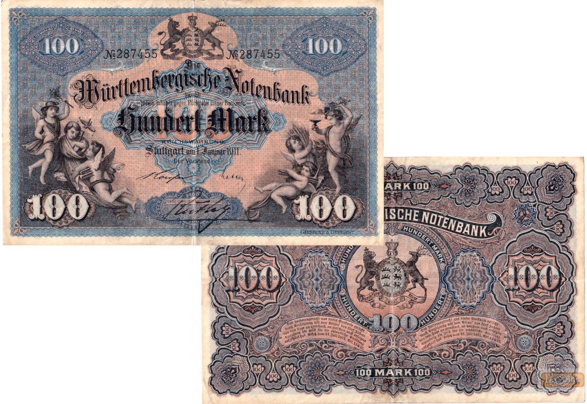 WÜRTTEMBERG 100 MARK 1911  WTB10b  III+