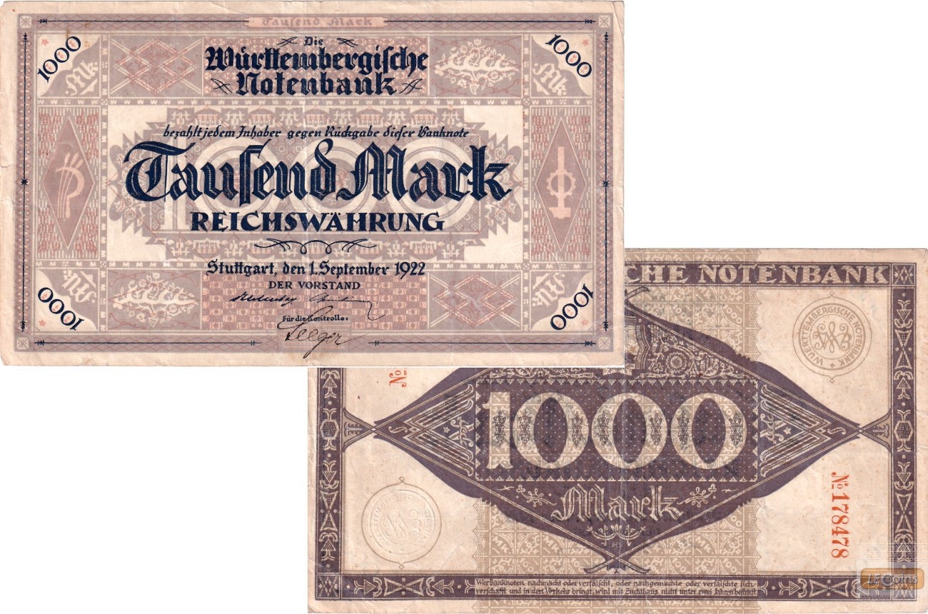 WÜRTTEMBERG 1000 MARK 1922  WTB12a  III  selten