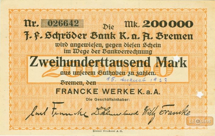 Notgeld Francke Werke BREMEN 200000 Mark 15.08.1923  I-