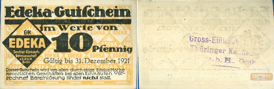 Notgeld EDEKA Gutschein 10 Pfennig 1921  I-