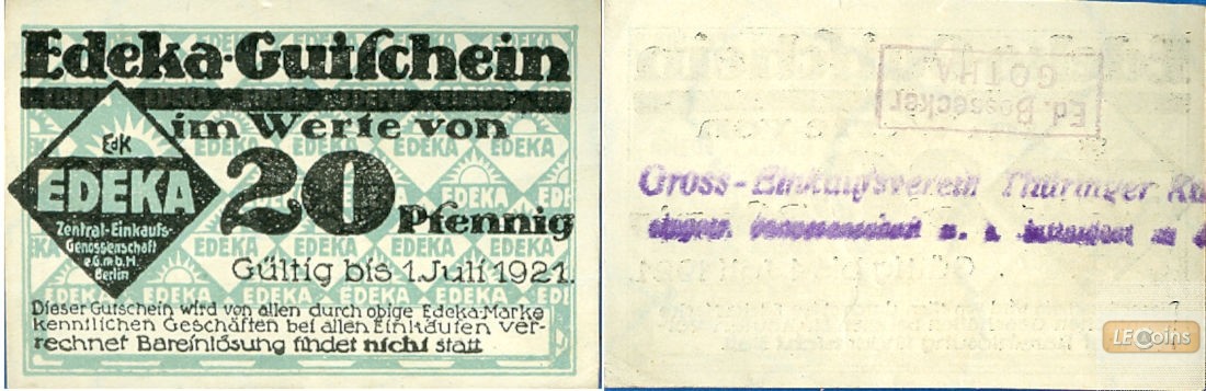 Notgeld EDEKA Gutschein 20 Pfennig 1921  I-II