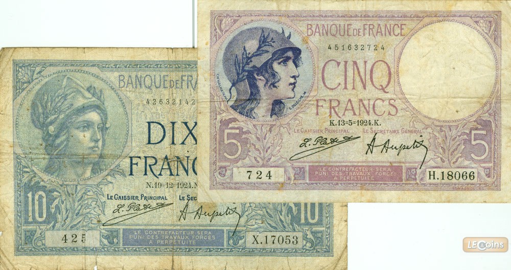 Lot: FRANKREICH 2x Banknote 5 + 10 Francs 1924  III-IV