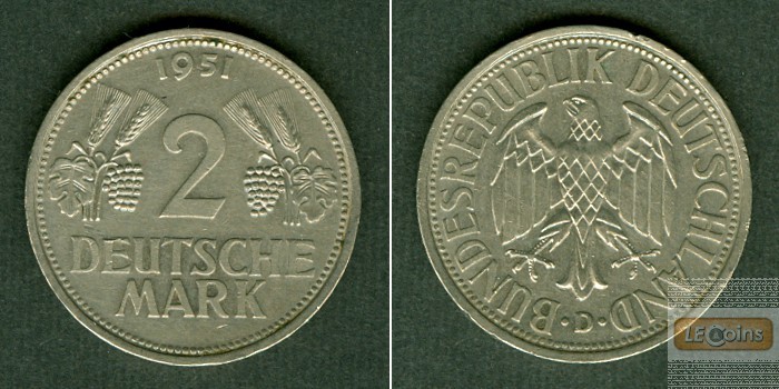 Deutschland BRD 2 DM 1951 D  vz-stgl.  selten
