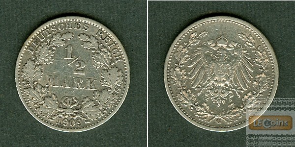 Deutsches Reich 1/2 Mark 1909 G  ss  selten