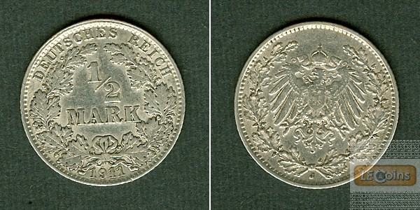 Deutsches Reich 1/2 Mark 1911 J  ss  selten