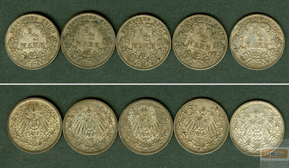 Lot:  DEUTSCHES REICH  5x Silber 1/2 Mark  ss+  [1908-1917]