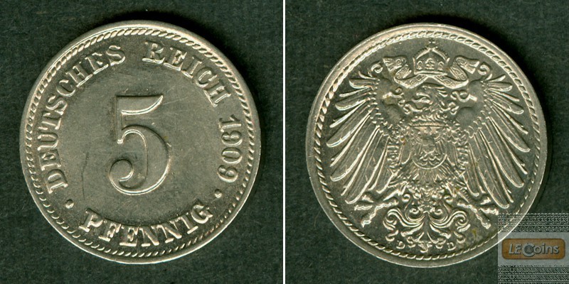DEUTSCHES REICH 5 Pfennig 1909 D (J.12)  vz+