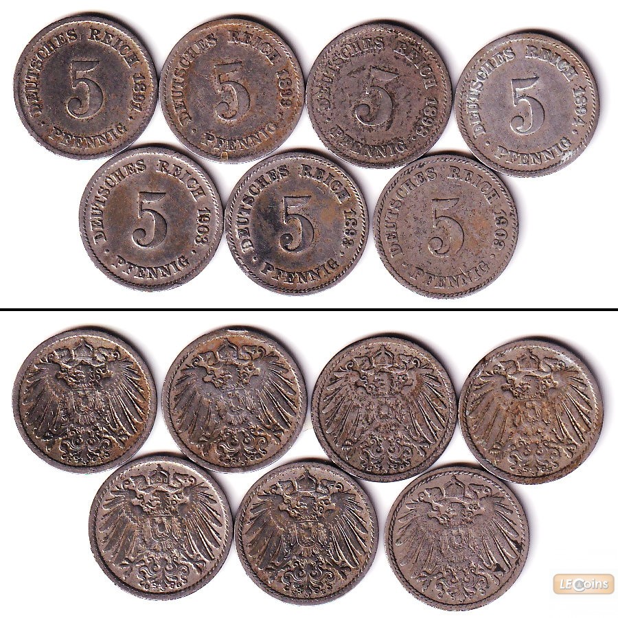 Lot: DEUTSCHES REICH 7x 5 Pfennig (J.12)  f.ss  [1891-1903]