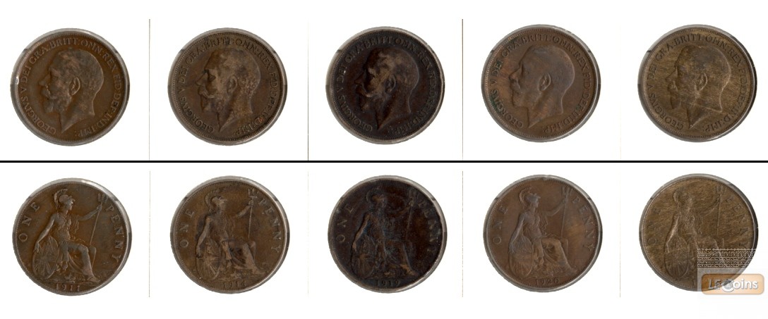 Lot:  GROSSBRITANNIEN  5x One Penny  [1911-1921]