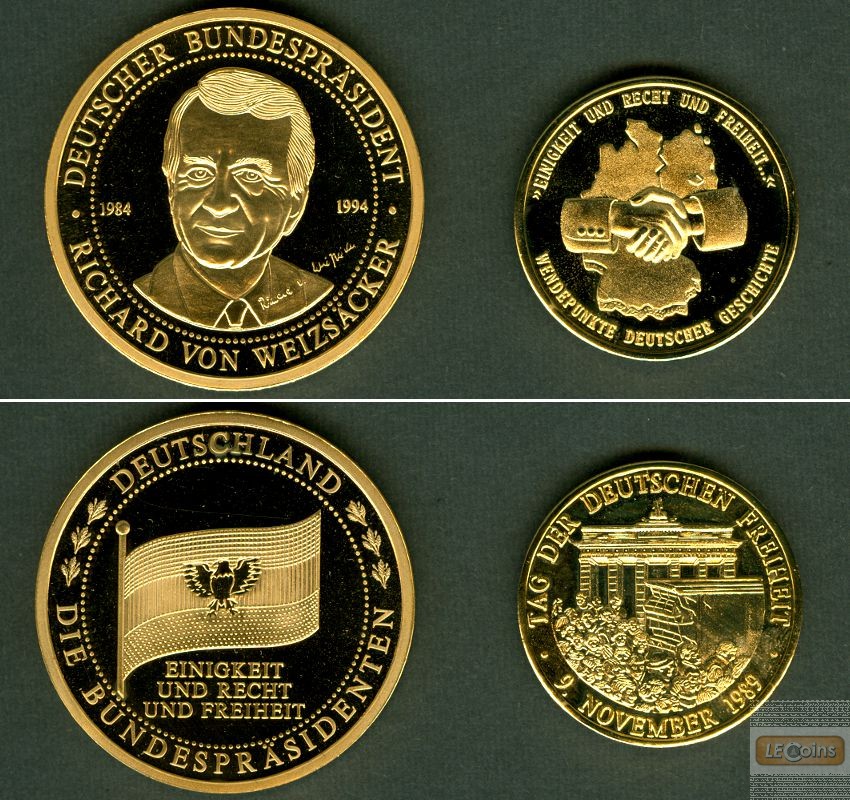 Lot: DEUTSCHLAND 2x Medaille vergoldet Weizsäcker + 9.Nov.1989  PP/ST