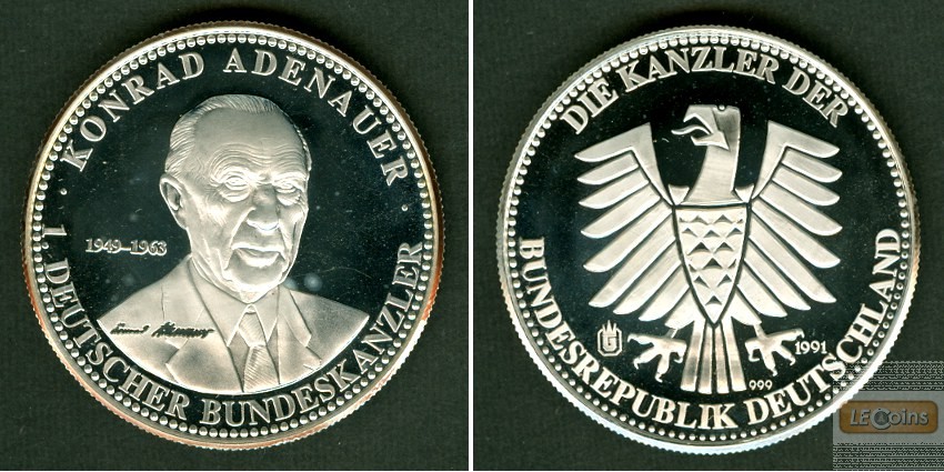Medaille DEUTSCHLAND Kanzler der BRD Adenauer SILBER  PP  1991
