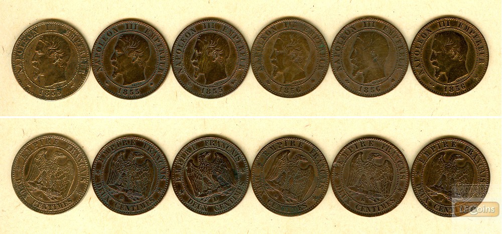 Lot: FRANKREICH 6x Münzen 2 Centimes  ss  [1855-1856]